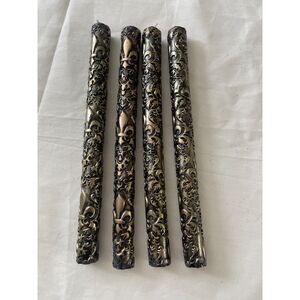 Vintage Black & Gold Metal Look Dragon Lace Hand Rolled Taper Candle Set of 4